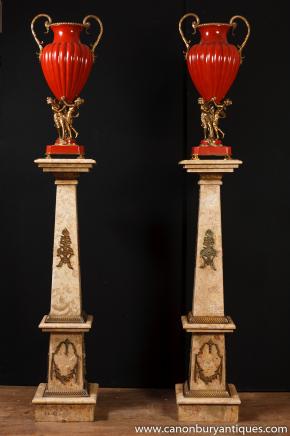 Pair French Empire Marble Pedestal Stands Tables